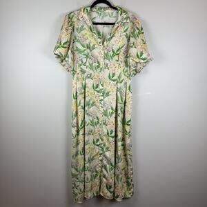Melloday Floral Midi Dress XL‎ Green Puff Sleeve Button Cottage Prairie Fairy